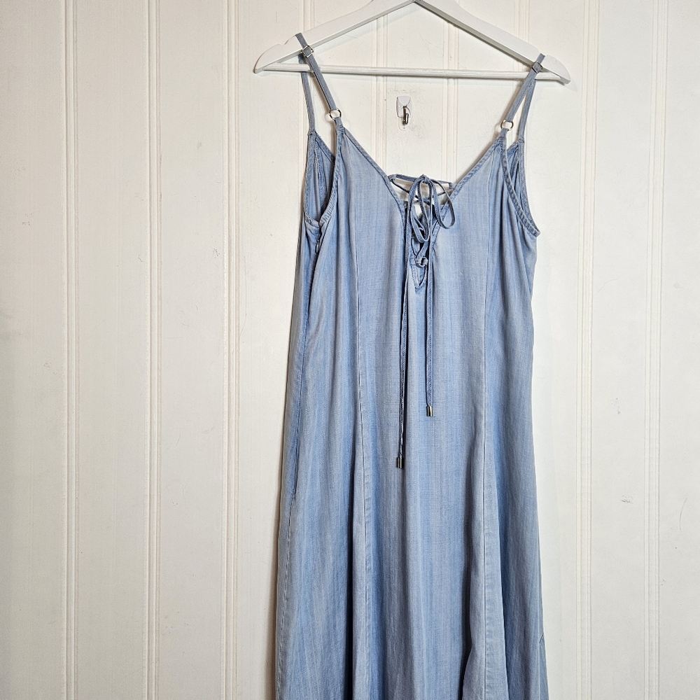 WHBM Blue Chambray Lace-Up Back Maxi Dress Women’s Size 14 Elegant - Picture 9 of 15